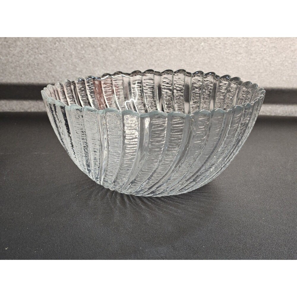 Clear Textured Pressed Glass Serving Bowl by KIG 7" Fruit Vegetable Pattern Lip